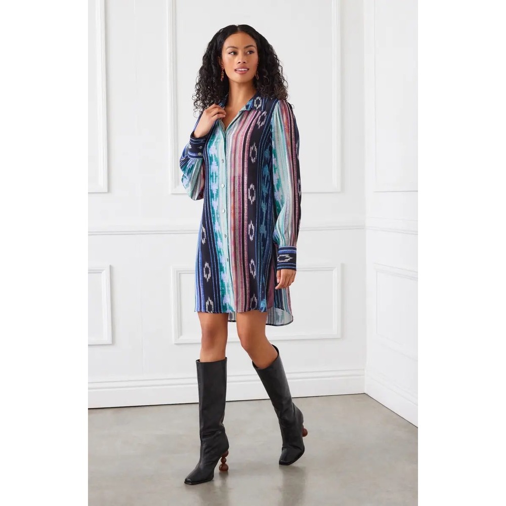 Karen Kane Womens Multi Color Ikat Stripe Button Down Shirt Dress‎ Size Small